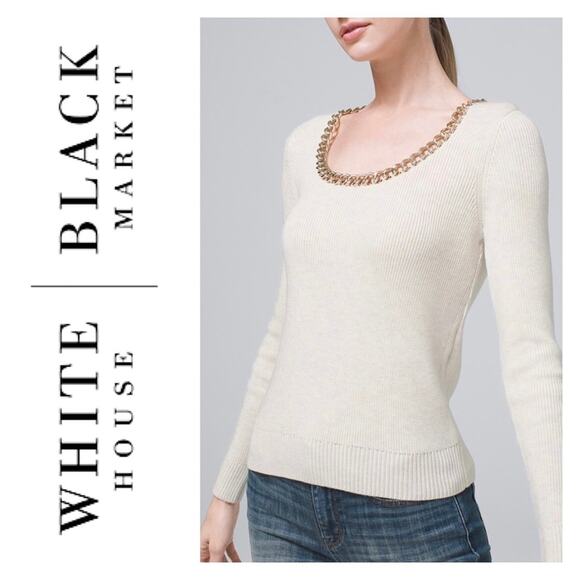 WHBM Scoop Neck Chain Detail Sweater S Ribbed Knit Rayon Cashmere Oatmeal - Picture 1 of 10